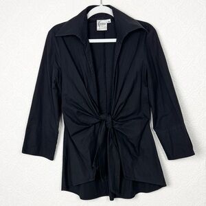 Finley Sylvia Tunic Black Tie Front Blouse 3/4 Sleeve Cotton Lycra Medium Shirt